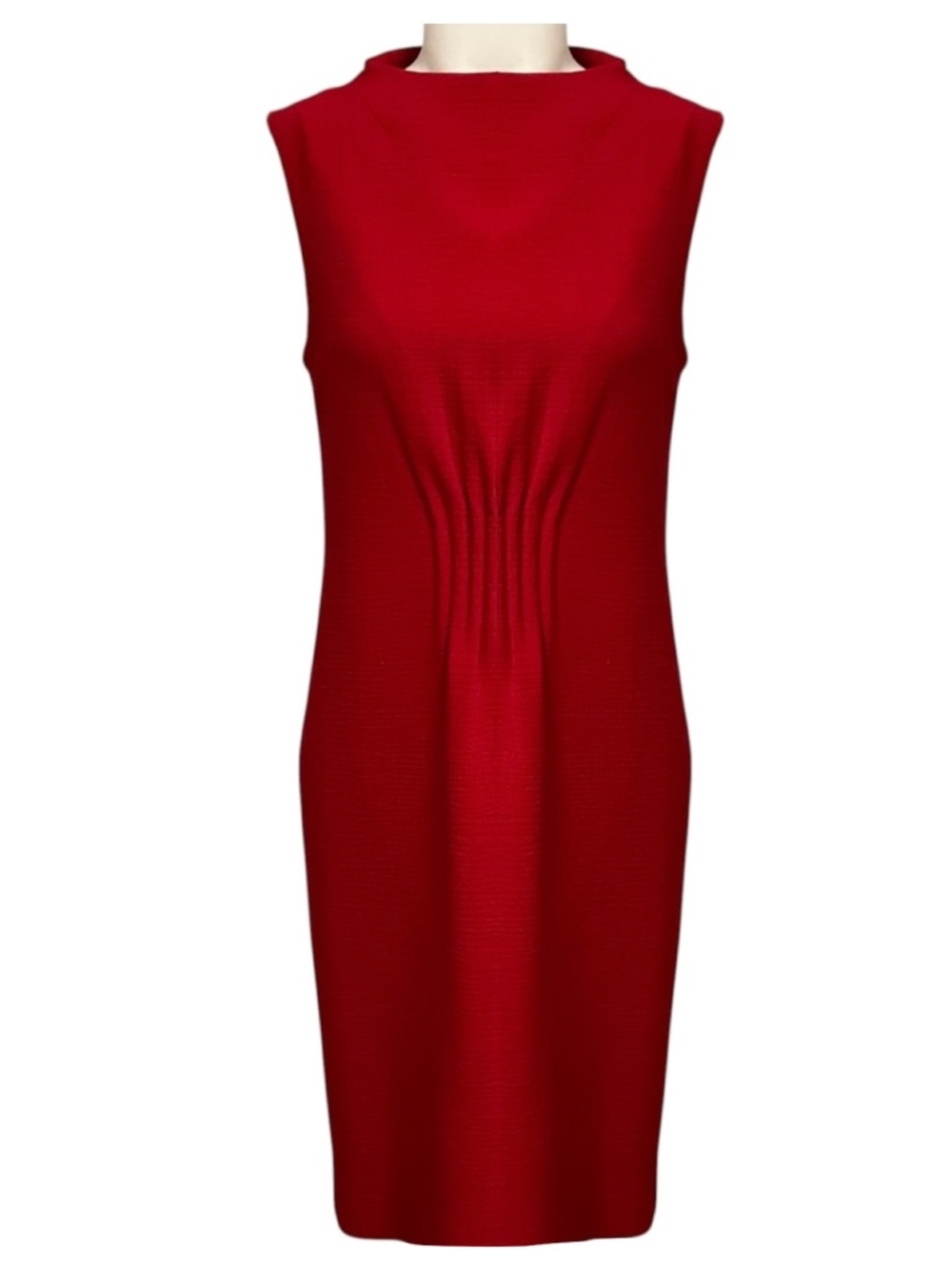 AGNONA RED SLEEVELESS WOOL MIDI DRESS WITH PLEATED DETAIL